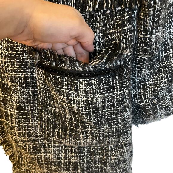 Sandro Tweed Long Jacket Black Boucle Blazer Fringe Collarless Classic Size L - Picture 6 of 12